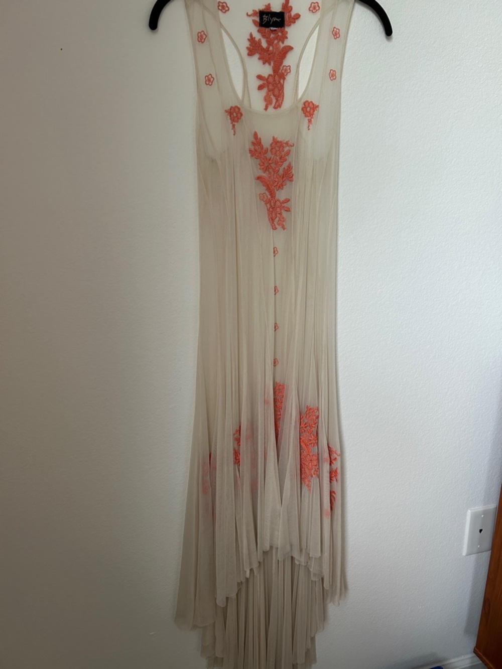BIYA Johnny Was Sheer Embroidered Mesh Maxi Dress Cream Nude Coral Boho